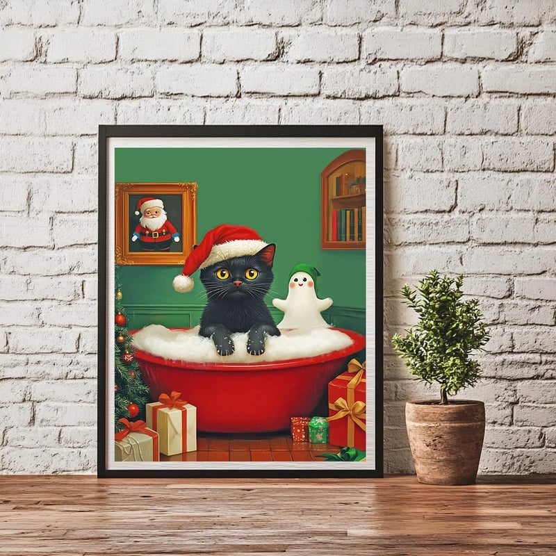 WRTCPOC Black Cat in Bathtub 11CT Counted Cross Stitch Kits for Adults Bathroom Animals Decor Embroidery Kit Needlework Patterns Cute Animal Wearing Christmas Hat Cross Stitch Kits - Image 3